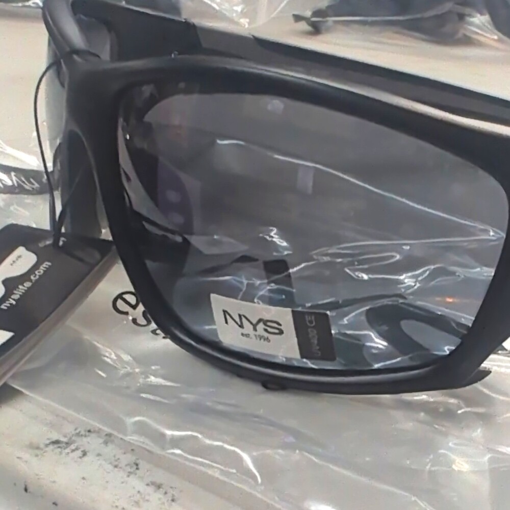NYS Wrap Sunglasses Black Plastic Frame Gray Tinted Lens Lightweight